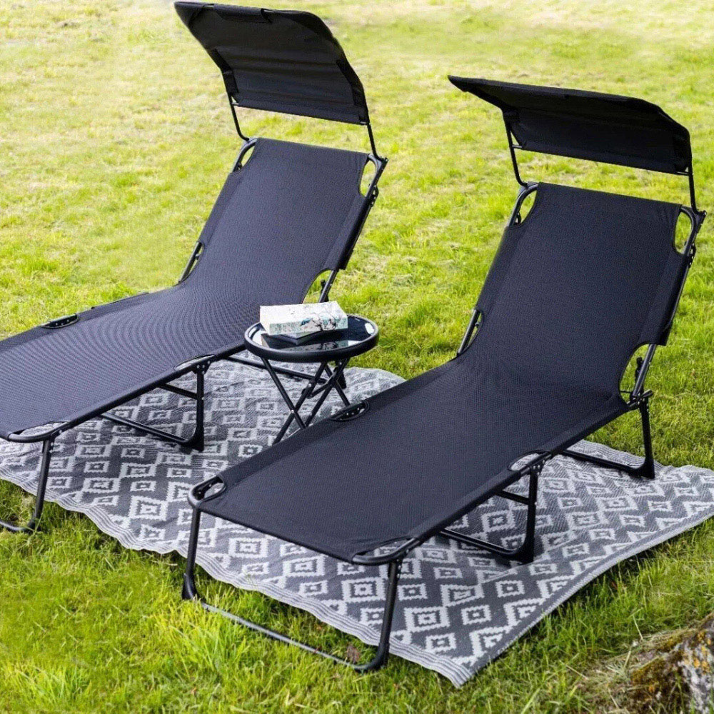 Garden Mile Set of 2 Black Foldable Recliner Sun Lounger with Sun Shade and Storage Bag Image 3