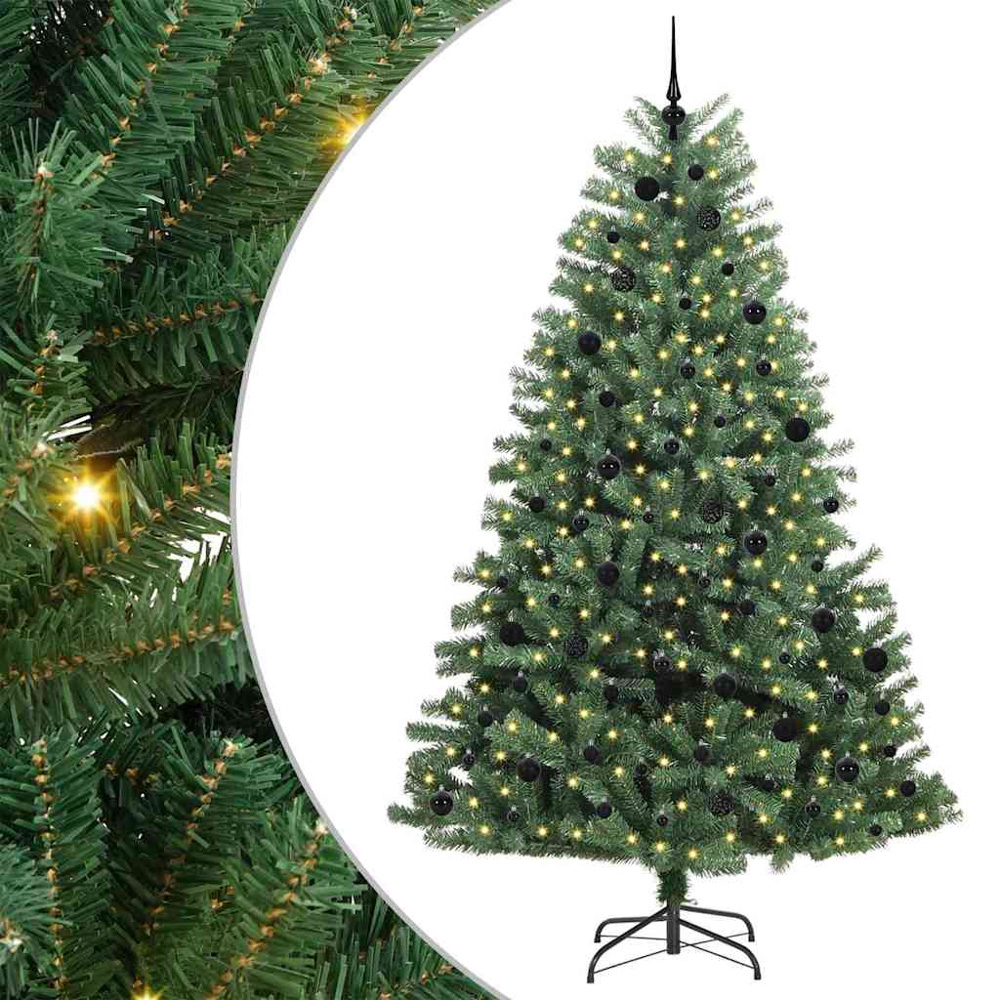 vidaXL Pre-Lit Black Baubles Green Artificial Hinged Christmas Tree 8ft Image 2