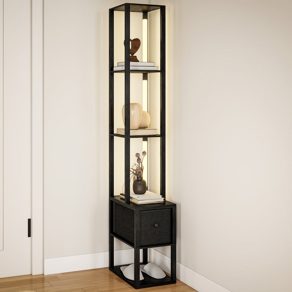 HOMCOM Single Drawer 4 Shelf Black LED Floor Lamp Image 2