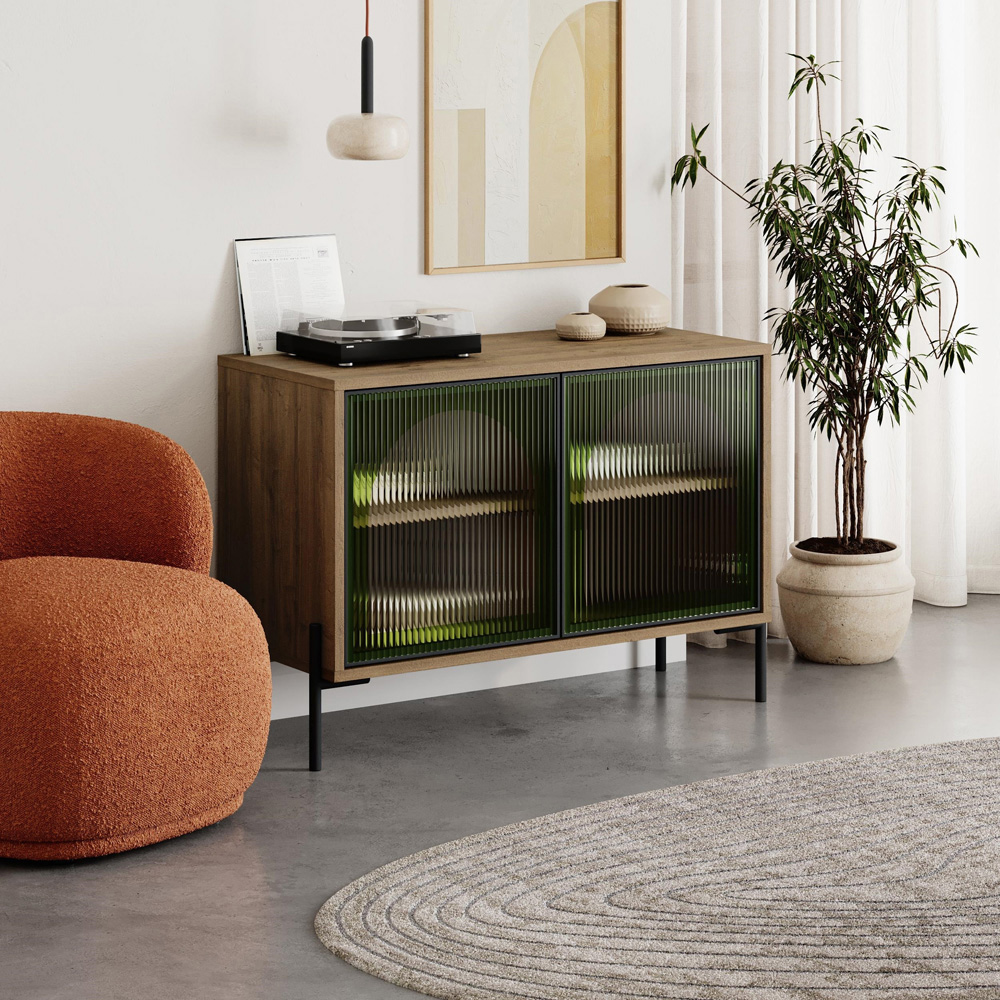 Decortie Robinson 2 Door Green Glass Dark Oak Effect Console Table Image 5