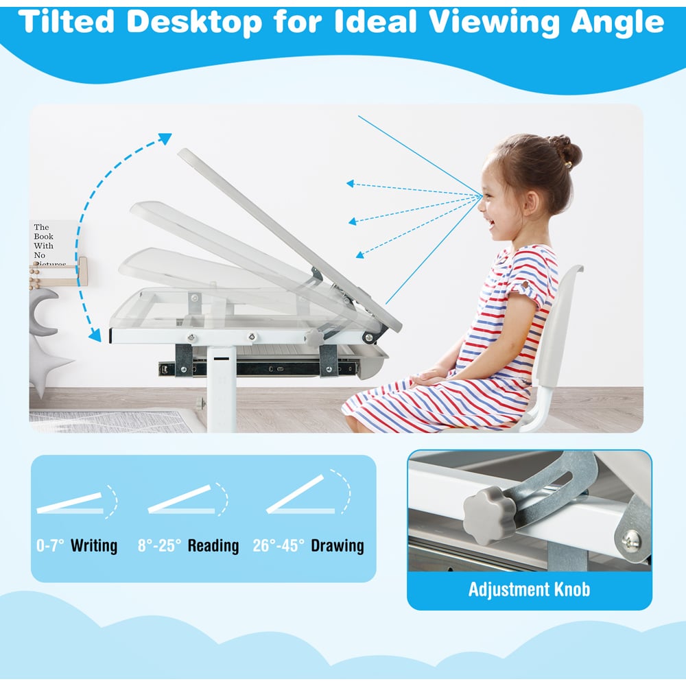 Costway Adjustable Grey Kids Study Table and Chair Set Image 4