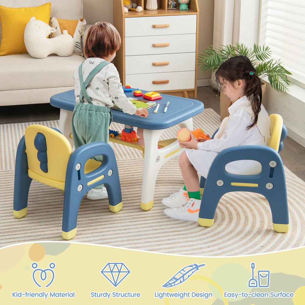 Costway 2 Seater Blue Kids Table and Chair Set with Shelf and Building Blocks Image 7
