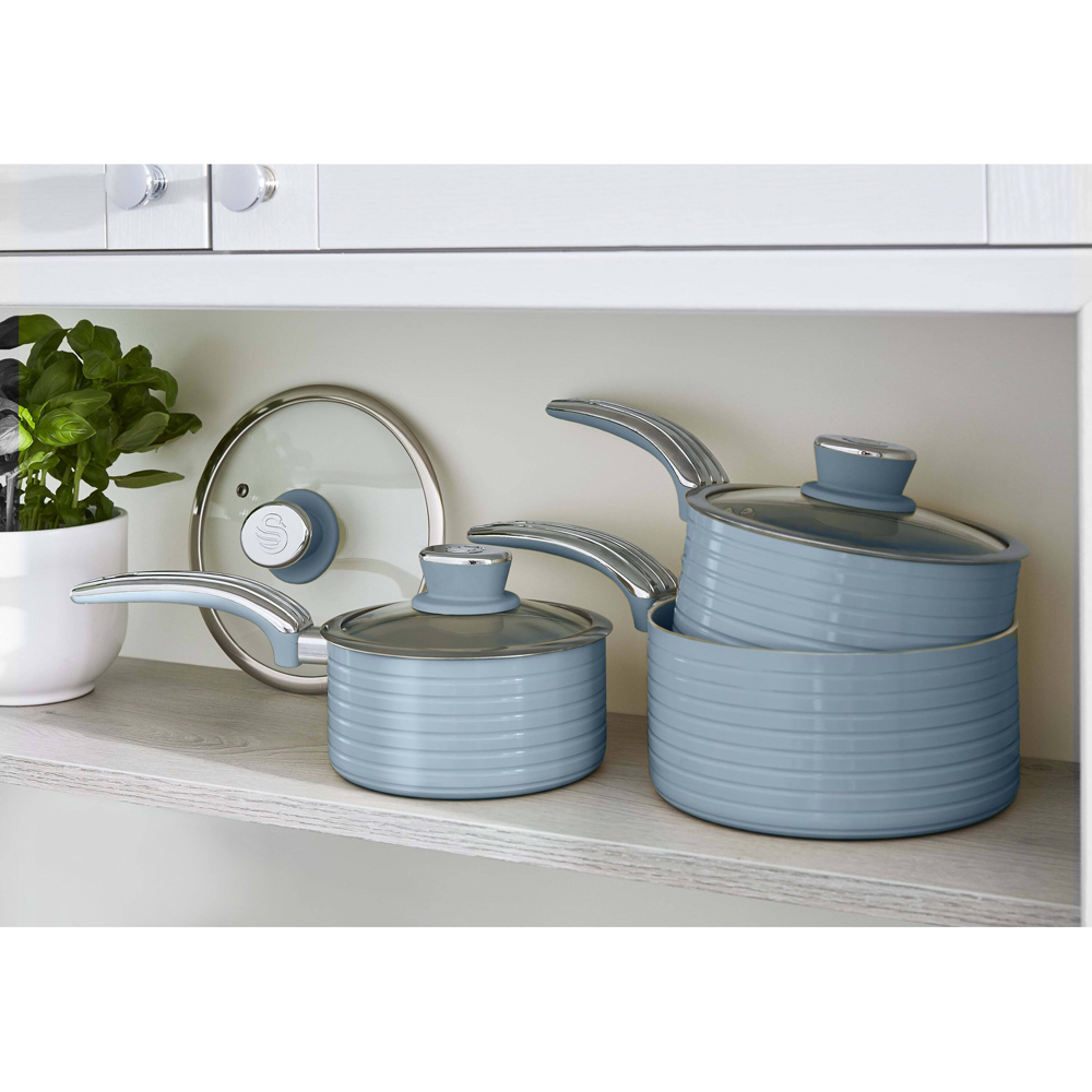 Swan Retro 3 Piece Blue Aluminium Non-Stick Saucepan Set Image 3