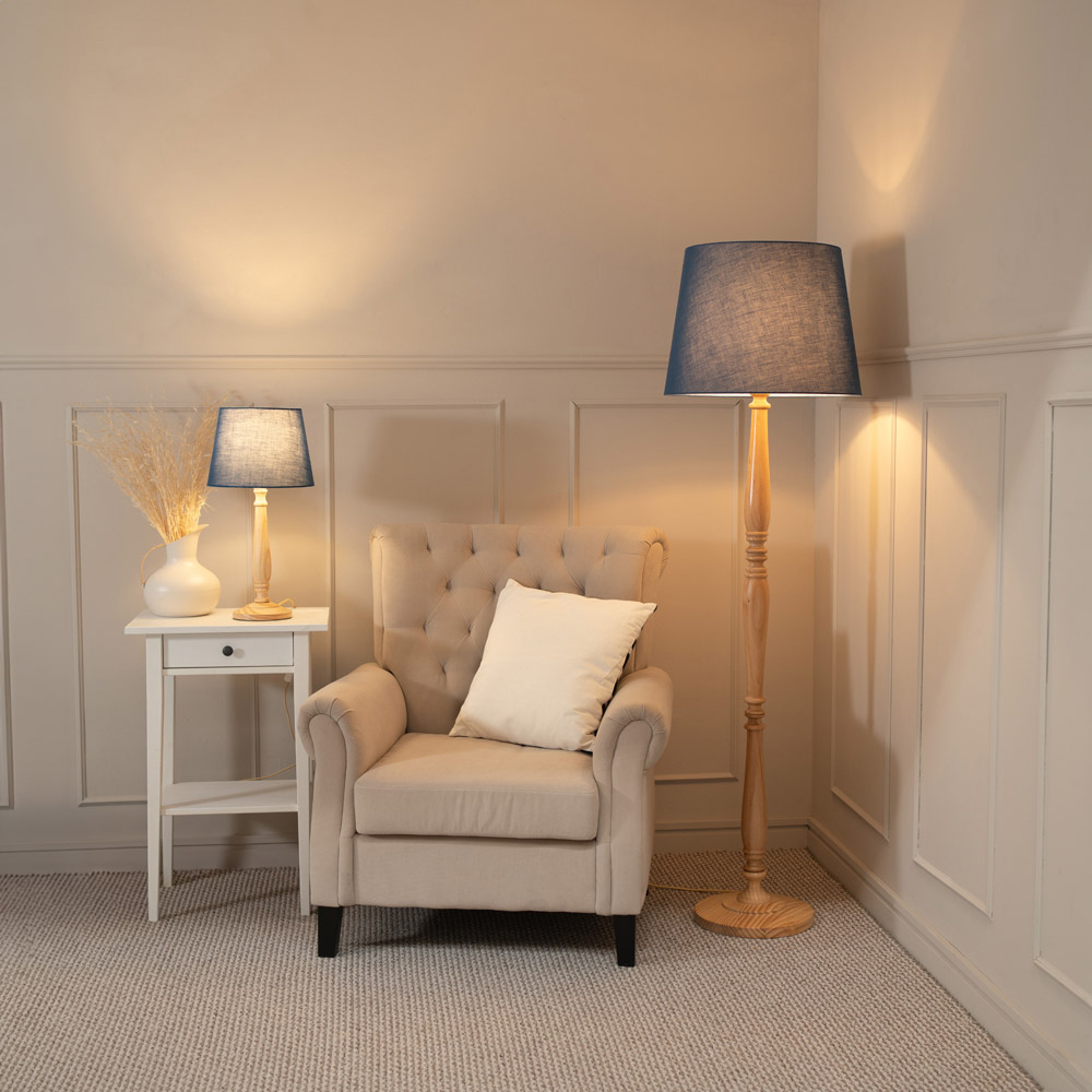 ValueLights Victoria Navy Blue Fabric Tapered Shade Light Wood Traditional Stem LED Floor Lamp Image 4