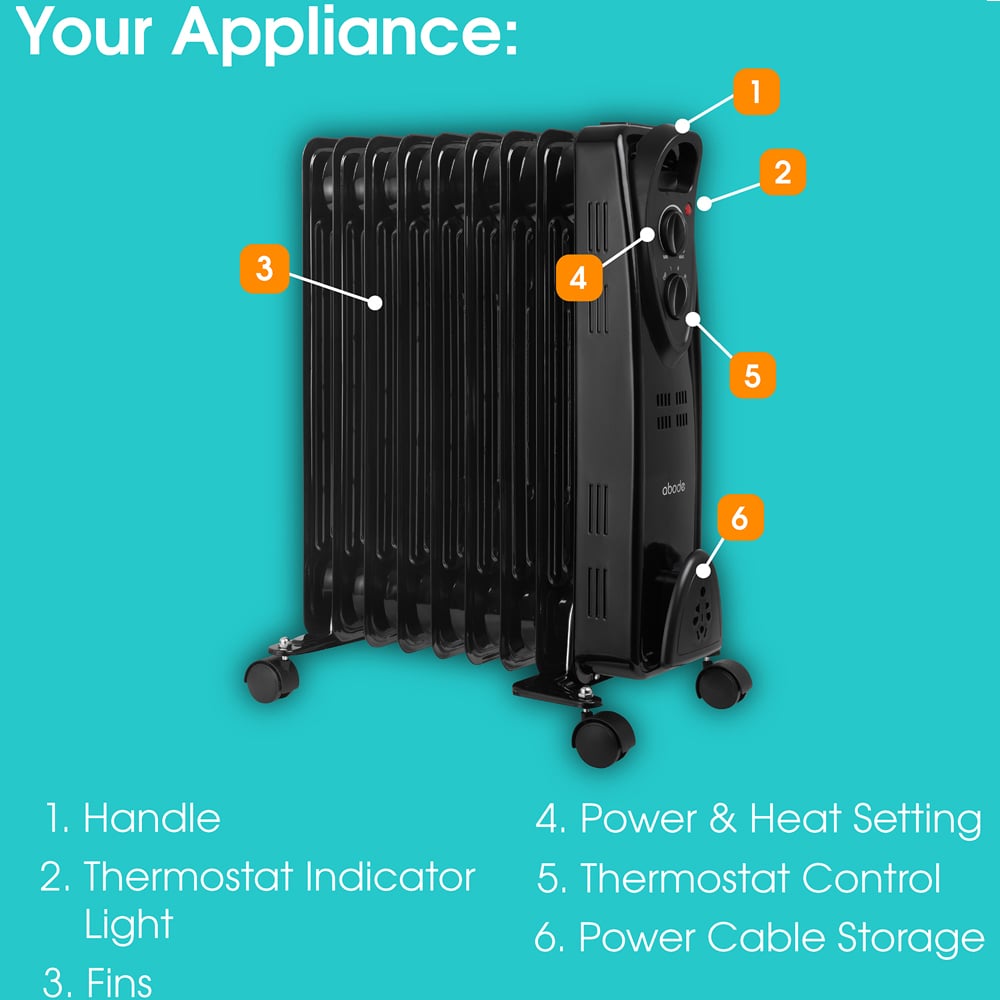 Abode AOFR9003B Black 9 Fin Oil Filled Radiator in Black 2000W Image 8