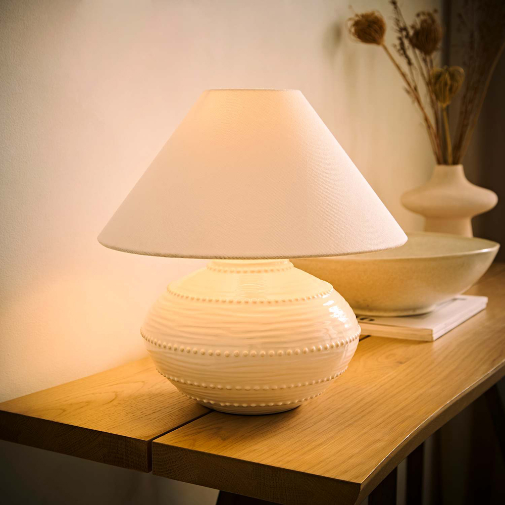 ValueLights Tibby White Conical Shade Cream Bobble Textured Ceramic Table Lamp with Bulb Image 2