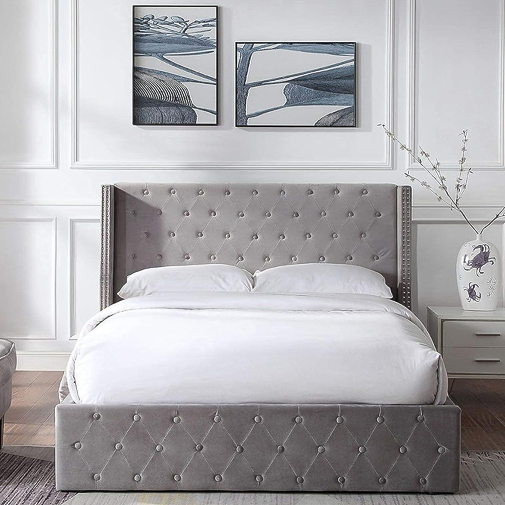 Home Treats King Size Brushed Velvet Buttoned Winged Headboard Ottoman Bed Frame Image 6