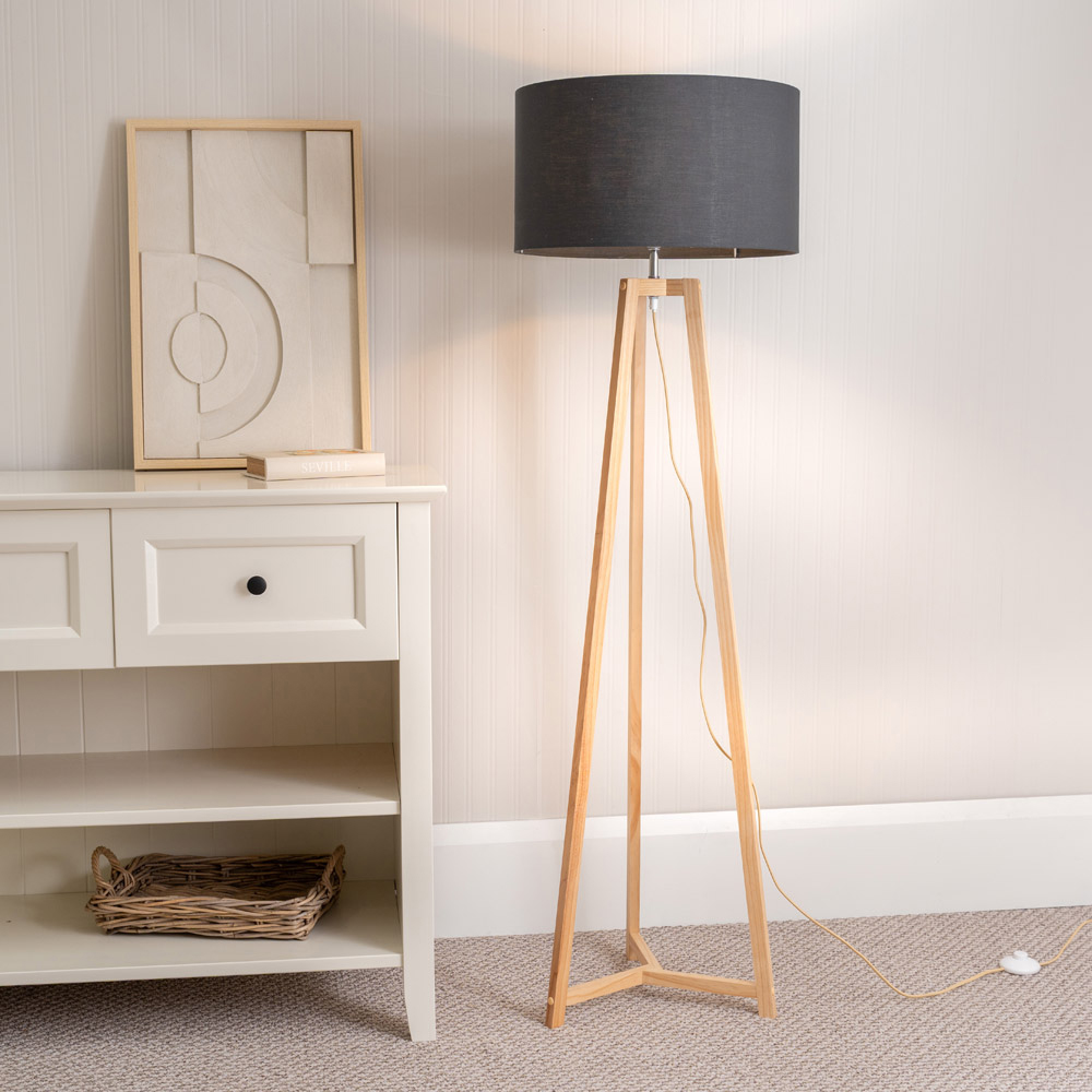 ValueLights Lottie Charcoal Grey Fabric Drum Shade Natural Wood Tripod LED Floor Lamp Image 2