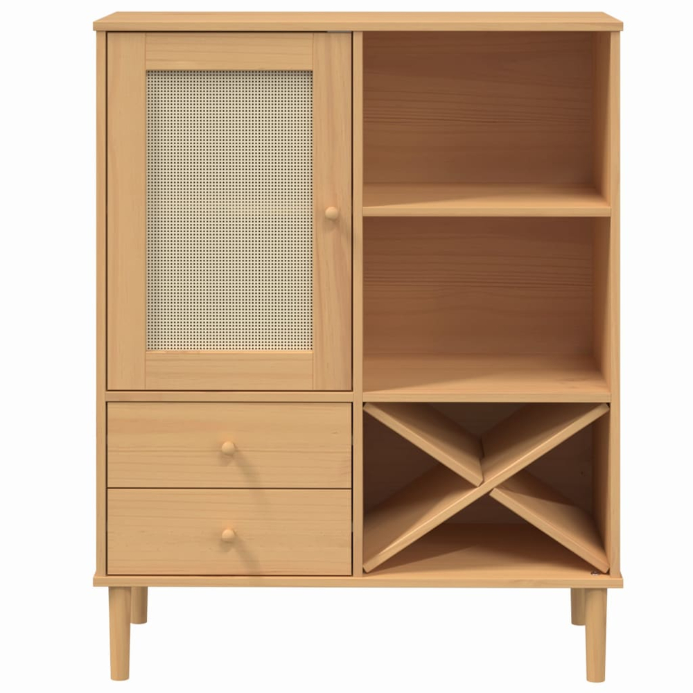 vidaXL Senja Single Door 2 Drawer 6 Shelf Brown Solid Pine Wood Rattan Look Highboard Image 5