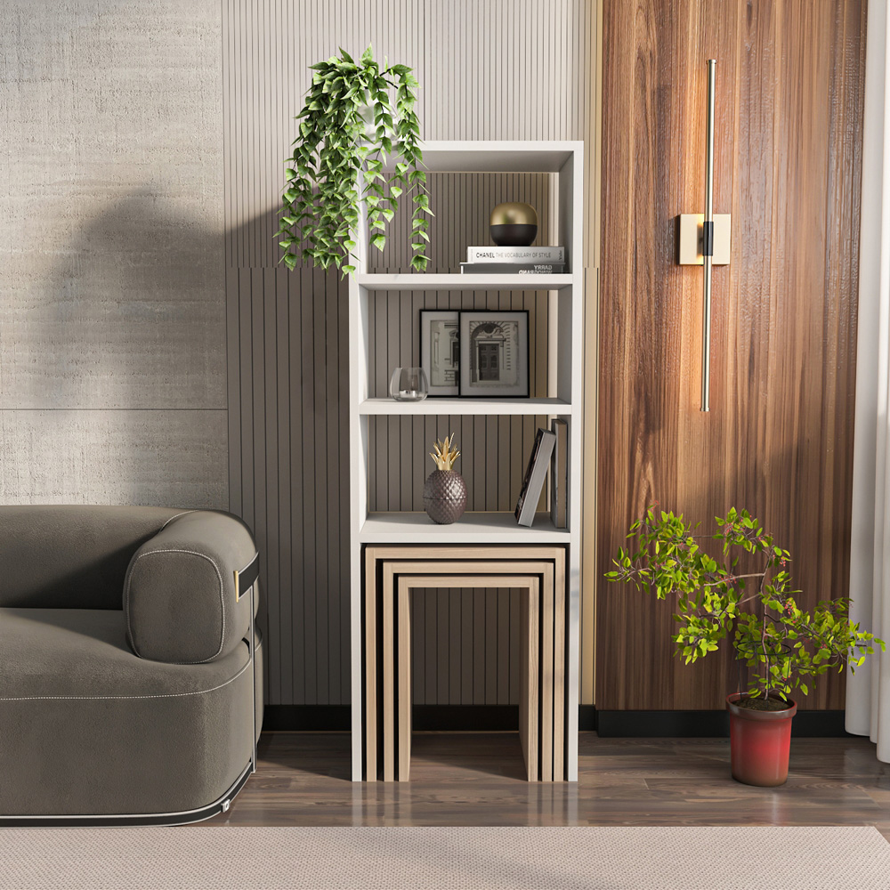 Decorotika Modern Melo 3 Shelf White Cordoba Bookcase with Nest of Tables Set of 3 Image 8
