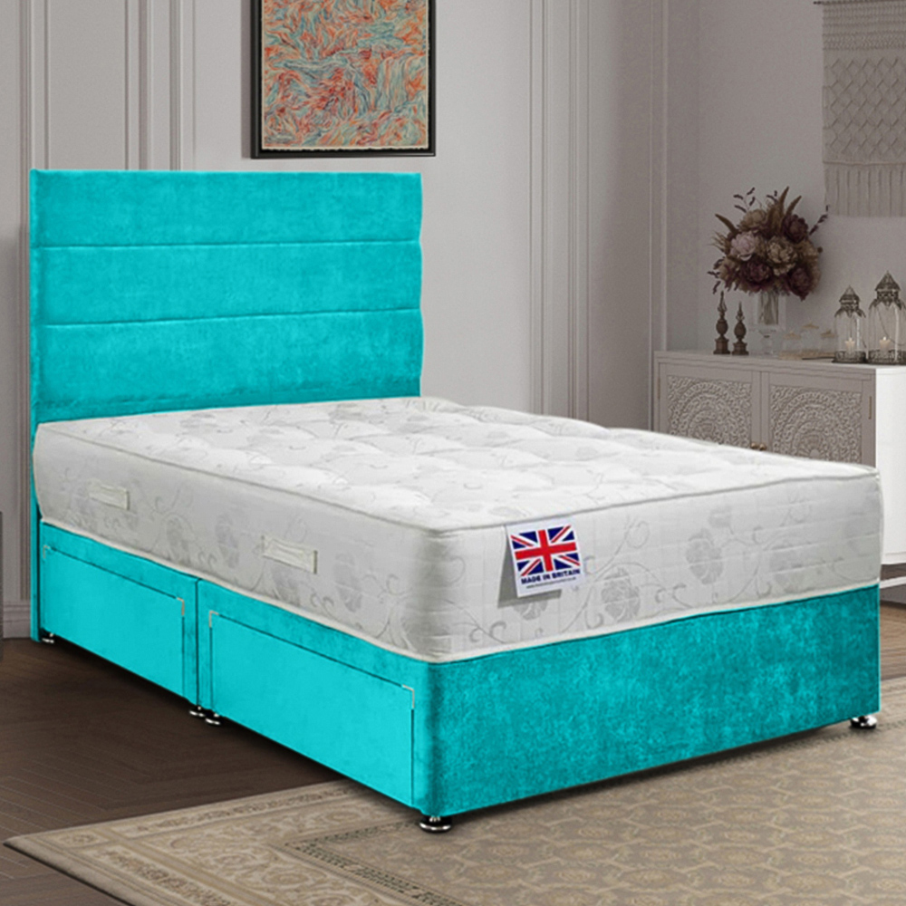 Eleganza Home Repose Double Teal Plush Velvet 2 Drawer Divan Bed with Lined Headboard Image 1