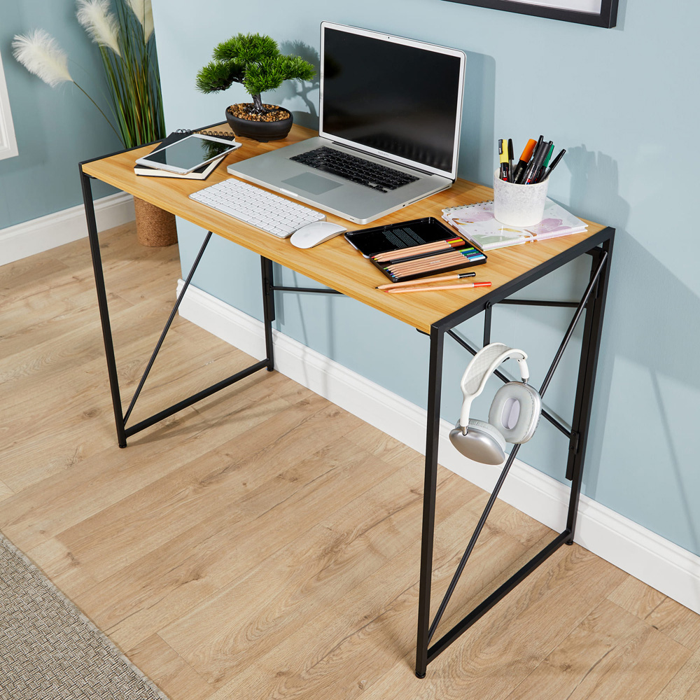 Home Source Brampton Folding Compact Desk with Hook Light Oak Image 9