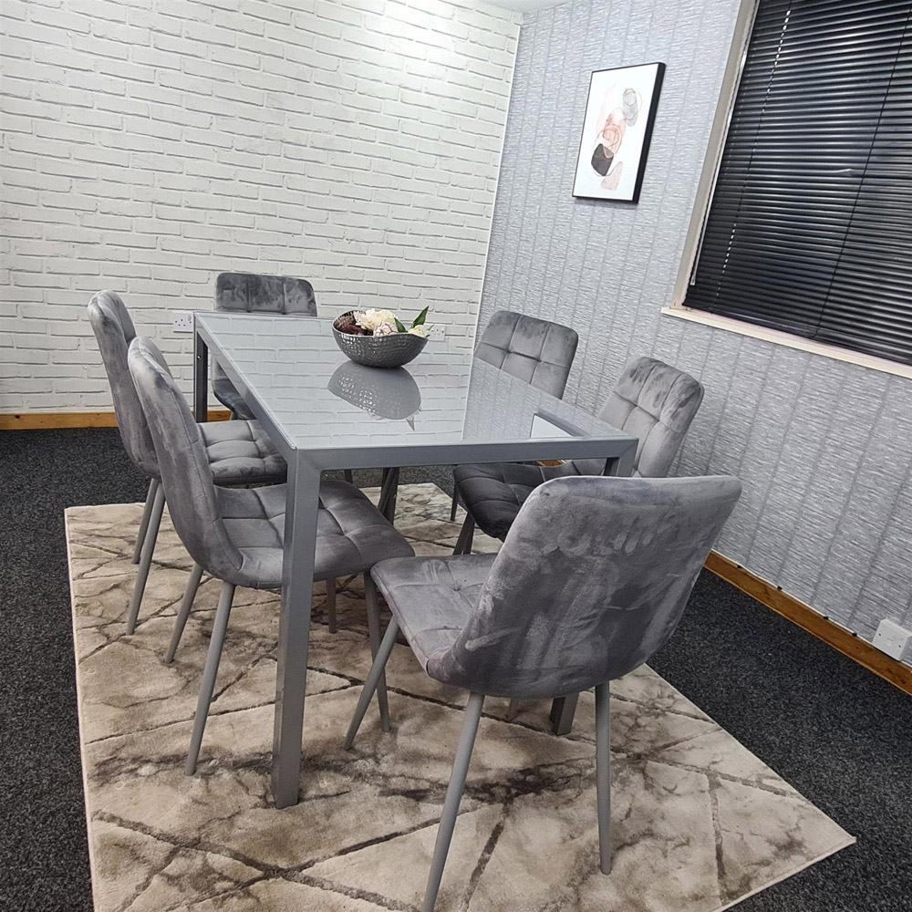 Kosy Koala 6 Seater Glass and Velvet Rectangular Dining Set Grey Image 3