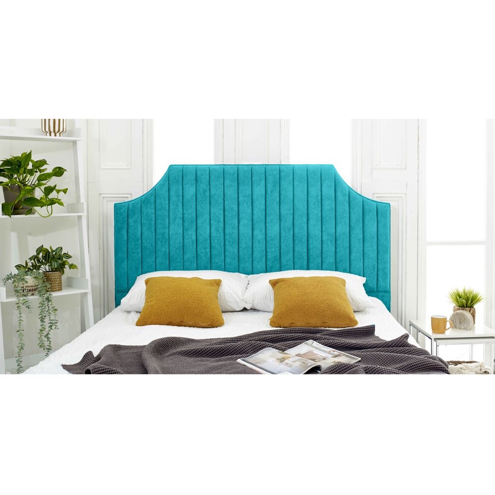 Eleganza Ascend Double Teal Plush Velvet Bed Frame with Lined Headboard Image 3