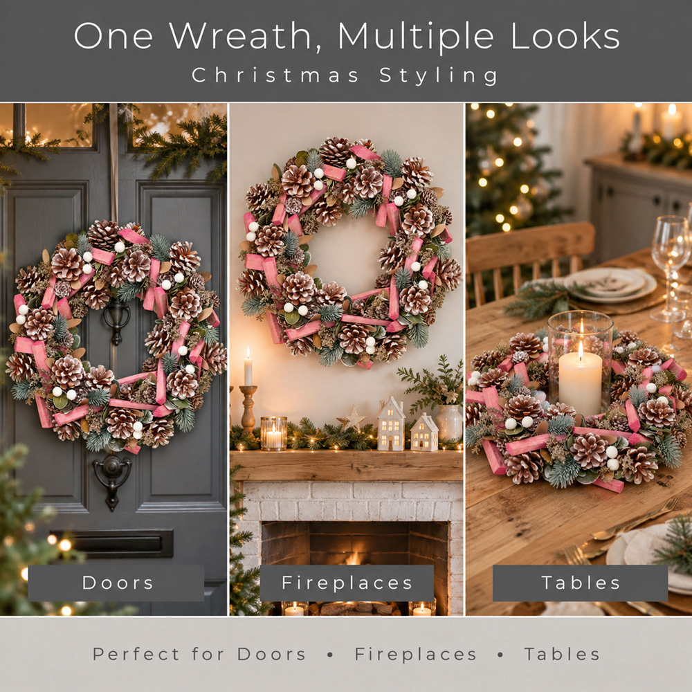 Neo White and Pink Artificial Frosted Christmas Wreath with Berries and Pine Cones 50cm Image 6