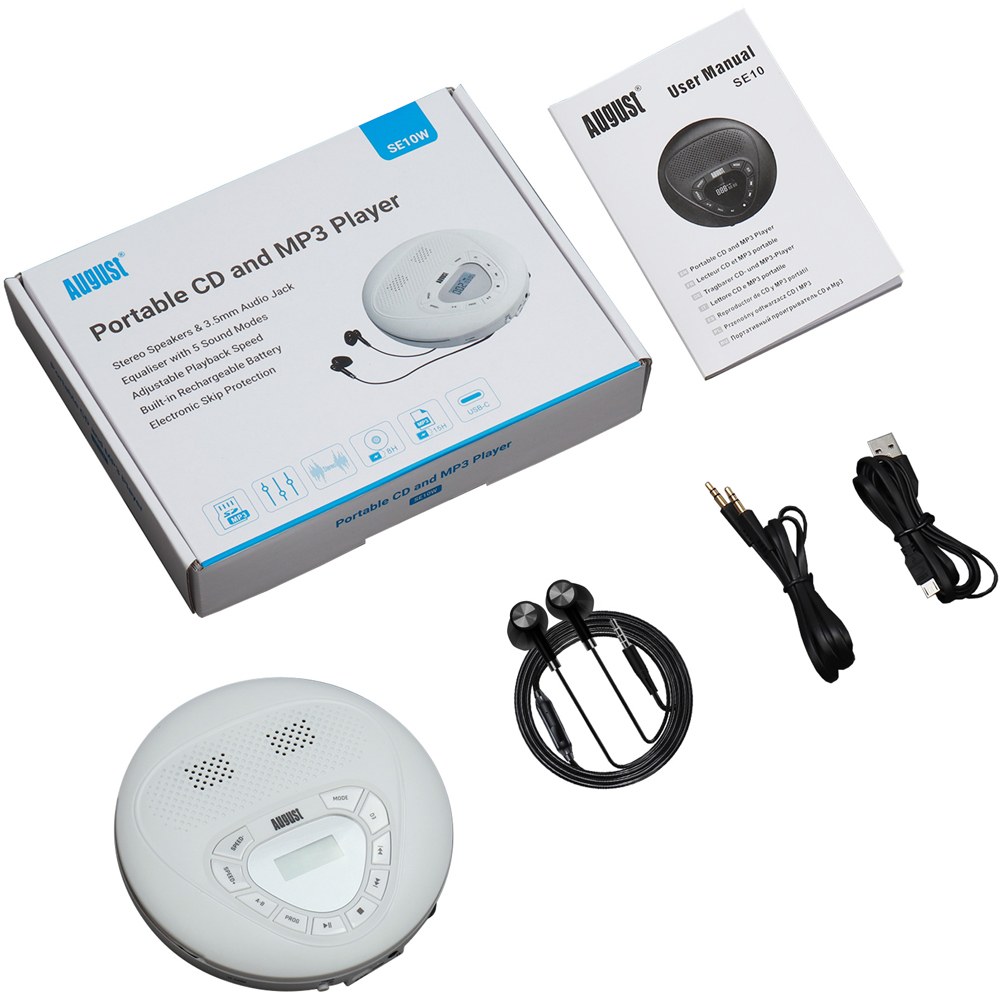 August SE10 White Rechargeable Dual Stereo Speaker Portable CD Player with Earphones Image 5