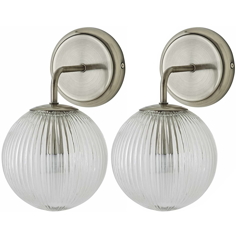 ValueLights Kempton Brushed Chrome Ribbed Globe Shade Wall Light with Bulb 2 Pack Image 1