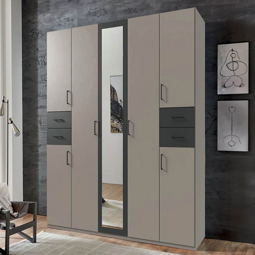 TJ'S Vegas 5 Door 4 Drawer Sahara Grey Mirrored Wardrobe Image 1