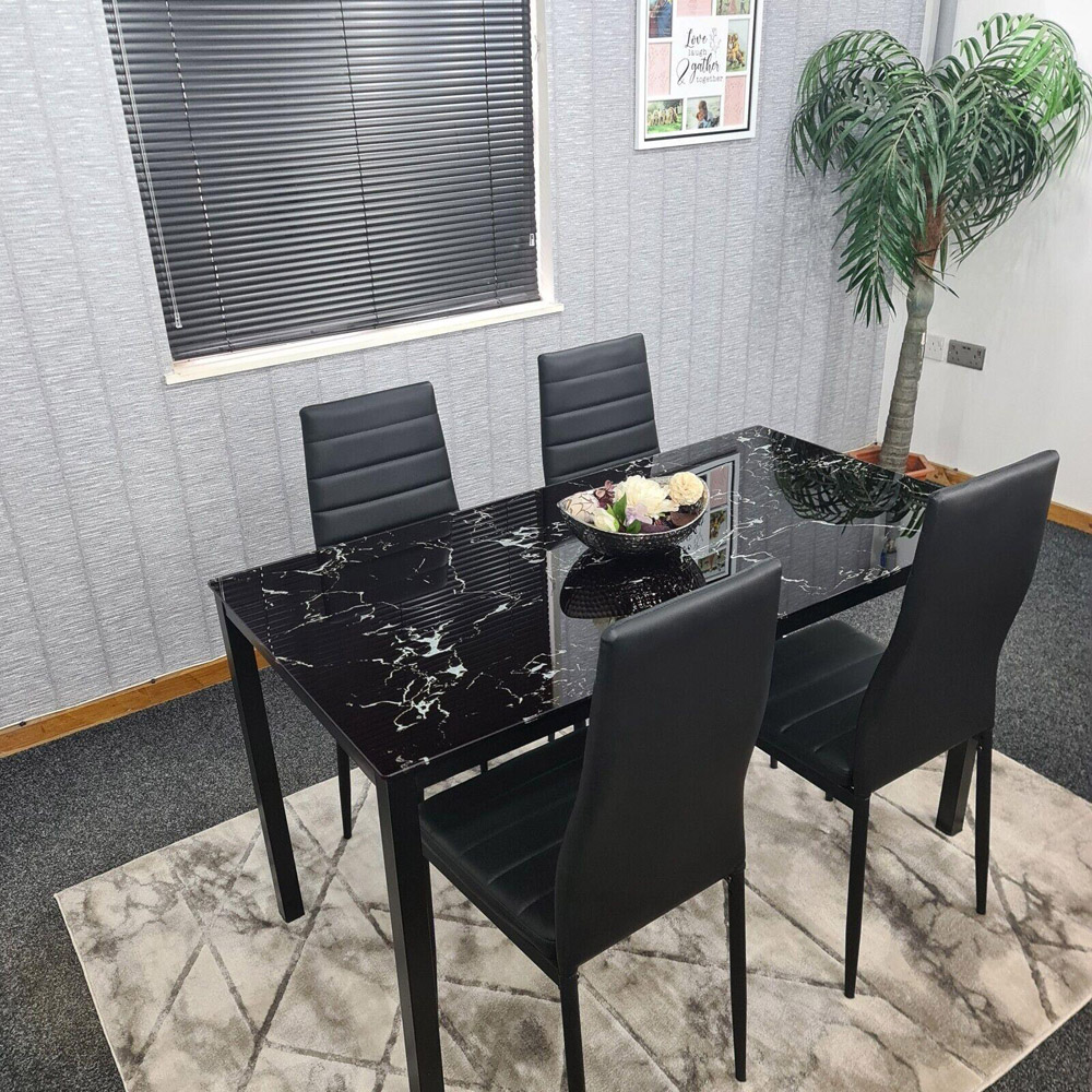 Portland Marble Effect Glass 4 Seater Leather Dining Set Black Image 3