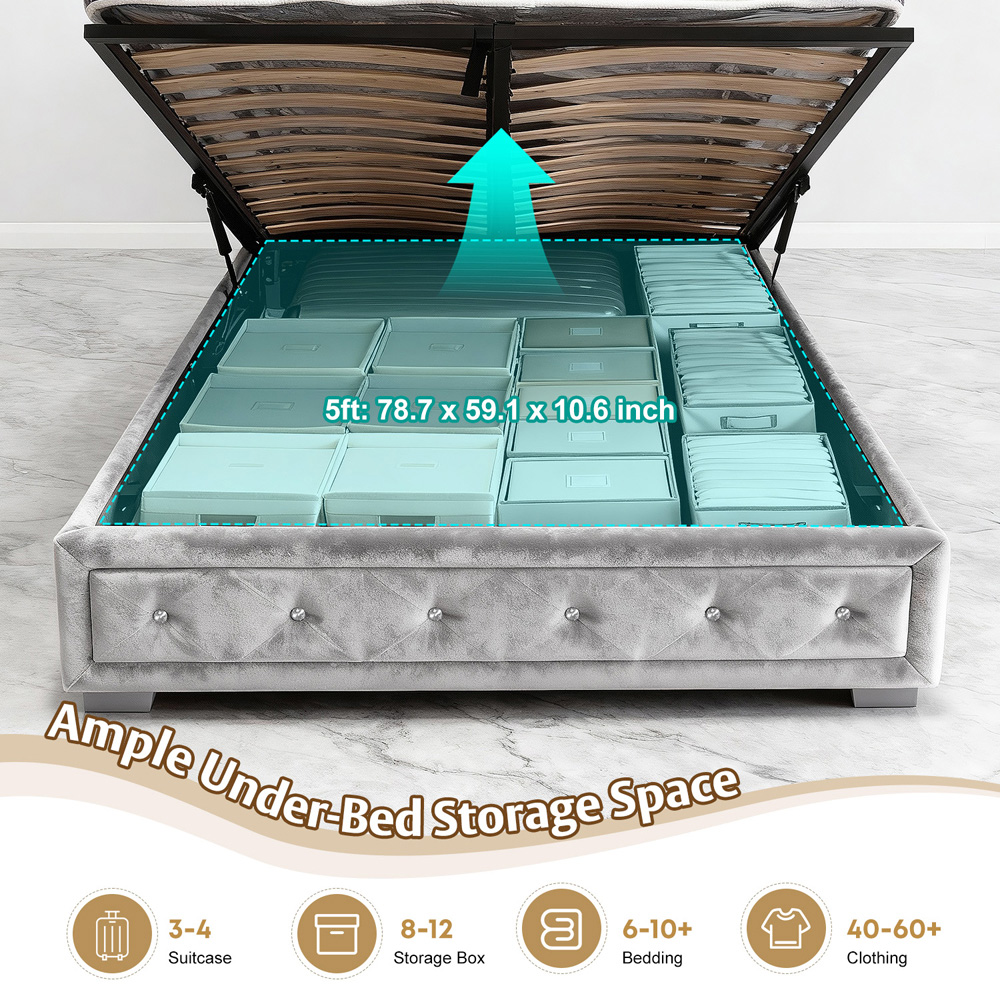 Brooklyn King Size Grey Crushed Velvet Diamante Ottoman Bed Image 5