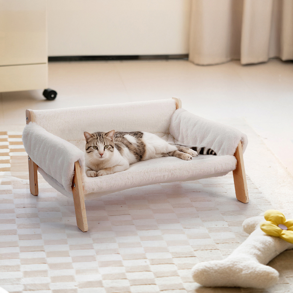H&O Direct Long Plush White Wooden Pet Sofa Image 2