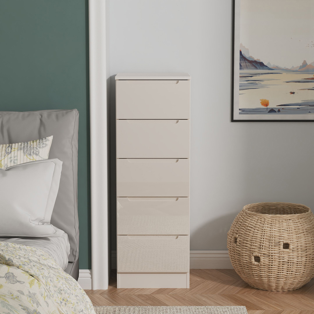 Crowndale Milan 5 Drawer Kashmir Gloss and Kashmir Tall Bedside Cabinet Ready Assembled Image 7