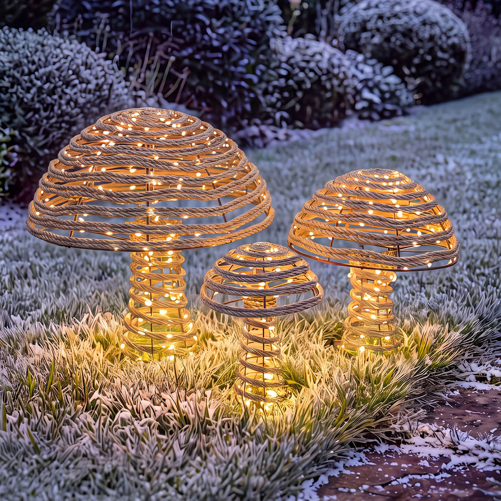 Charles Bentley Rattan Light Up Mushrooms Christmas Decoration 3 Pack Image 5