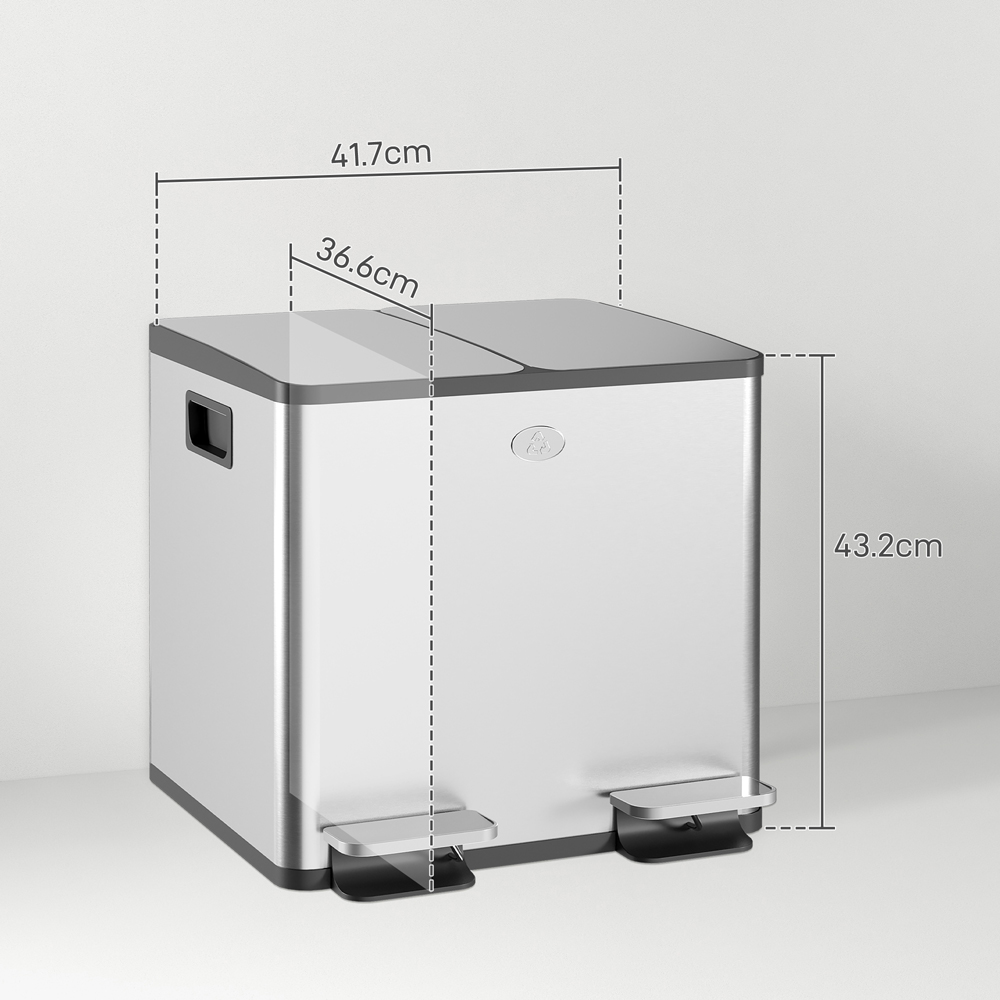 HOMCOM Silver Tone Stainless Steel Double Pedal Bin with Soft-Close Lid 30L Image 9