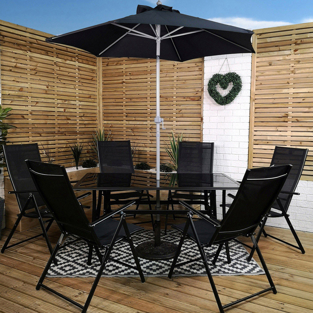 Samuel Alexander 6 Seater Rectangular Outdoor Recliner Dining Set with Black Parasol Image 1