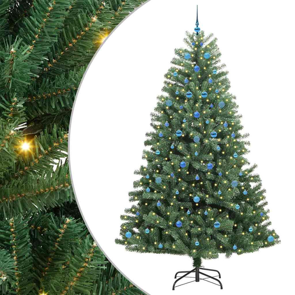 vidaXL Pre-Lit Blue Baubles Green Artificial Hinged Christmas Tree 8ft Image 2