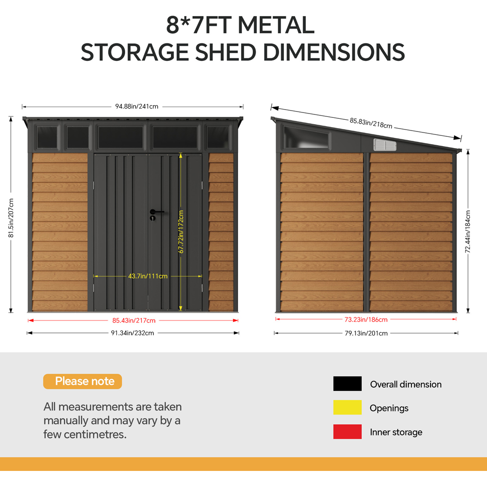 Living and Home 8 x 7ft Wood Grain Finish Metal Pent Garden Shed Image 8