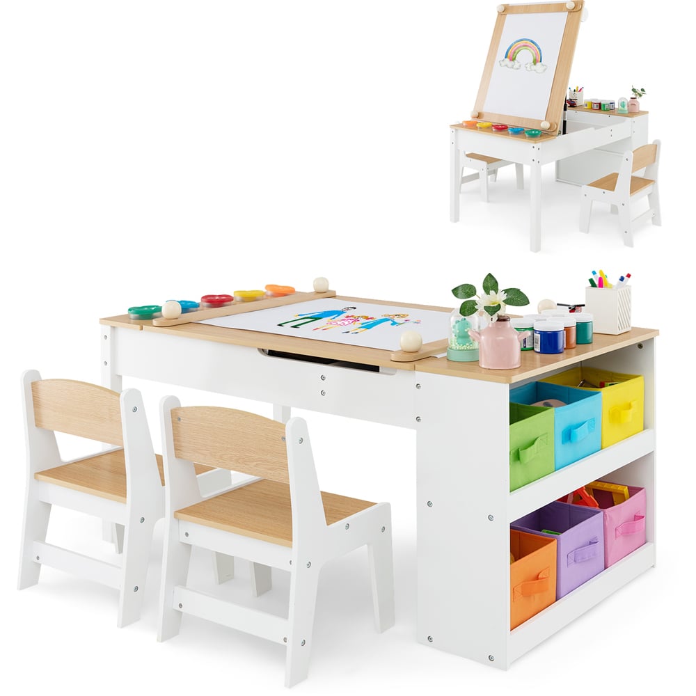 Costway 2 in 1 Natural Kids Art Easel Table and Chair Set Image 3