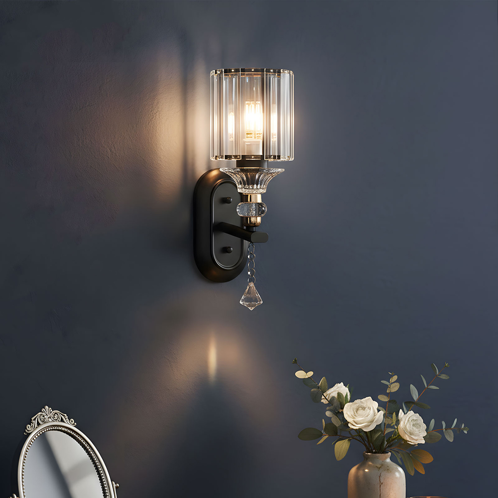 Living and Home Elegant Black Metal and Crystal E27 Wall Light Image 7