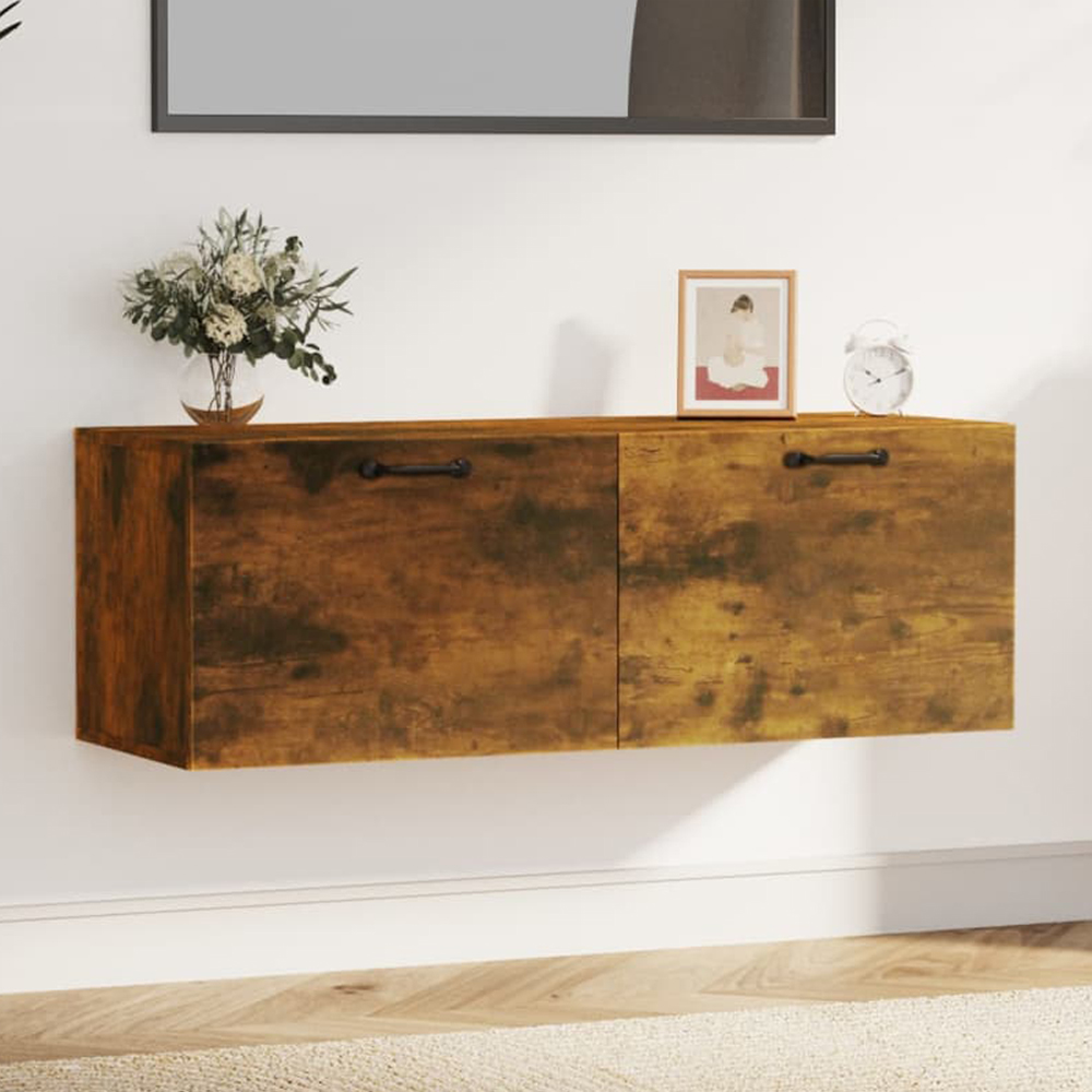 vidaXL 2 Compartment Smoked Oak Wall Cabinet with Black Handle Image 1