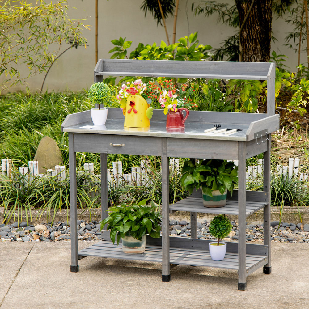 Outsunny Grey Wooden Potting Table Image 2