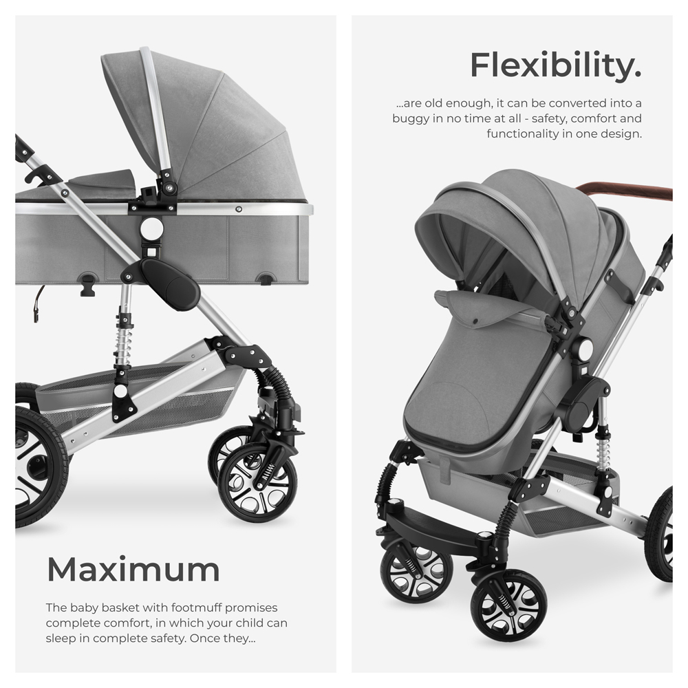 tectake Grey Foldable Pram Stroller with 5 Point Harness Safety Bar and Wrist Strap Image 3