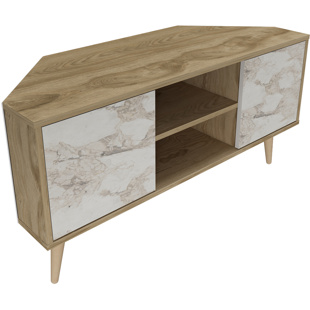 Decorotika Lesson 2 Door 2 Shelf Oud and White Marble Effect Corner TV Stand Image 6