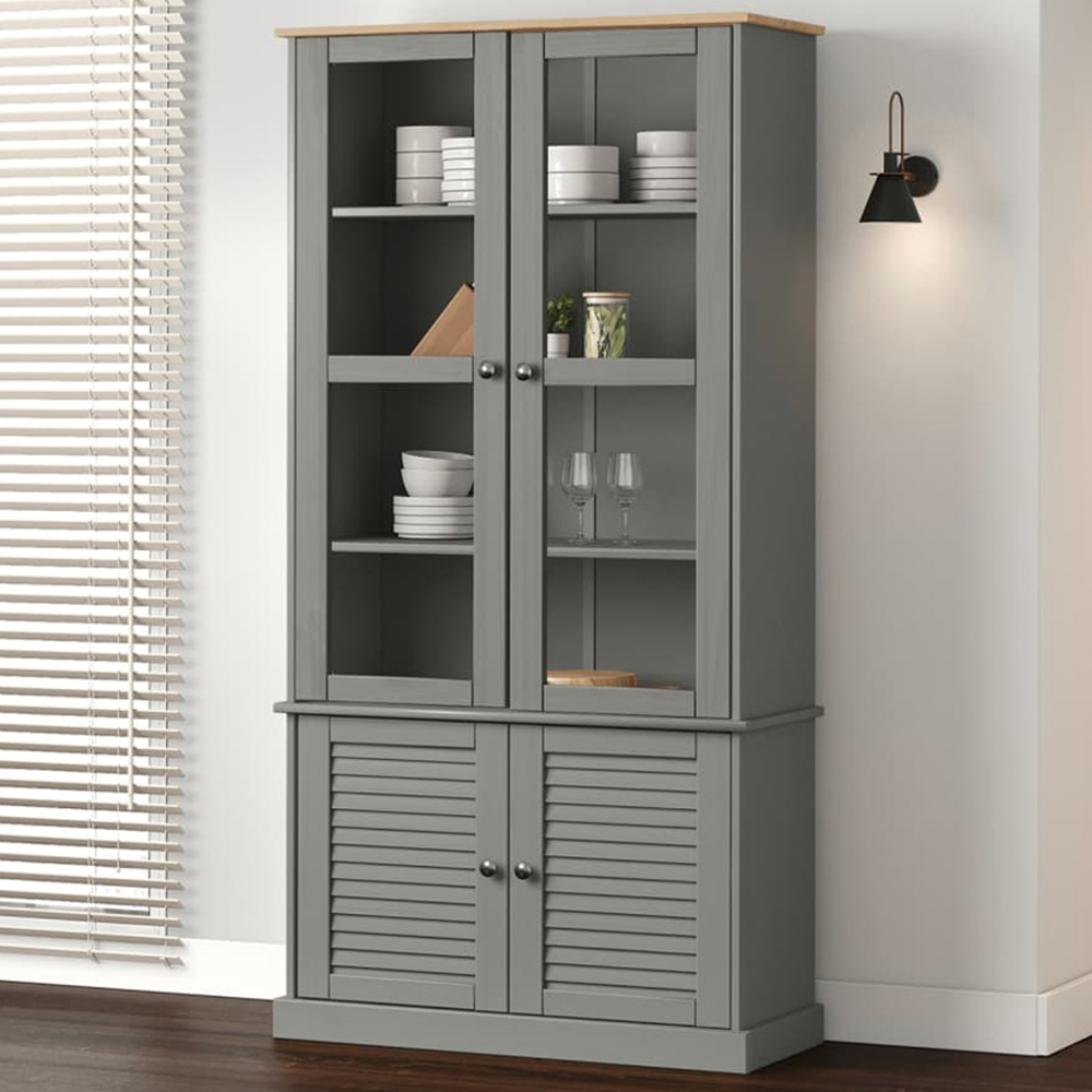 vidaXL 4 Door 4 Shelf Grey Solid Pine Wood Glass Display Cabinet Image 1