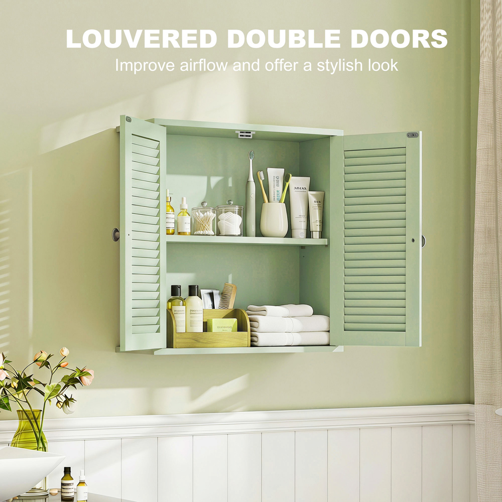 HOMCOM 2 Louvered Door Light Green Wall-Mounted Bathroom Cabinet Image 5