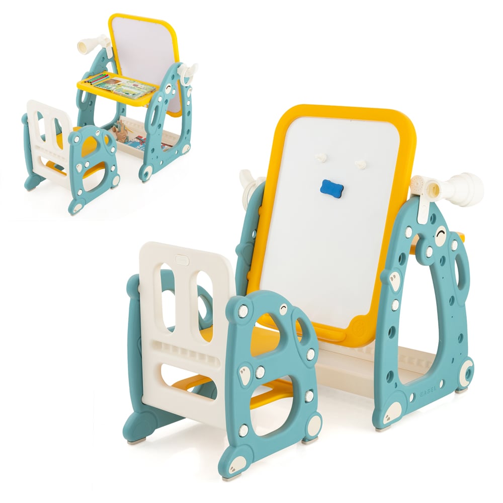 Costway 4 in 1 Yellow and Blue Kids Drawing Table and Chair Set Image 2