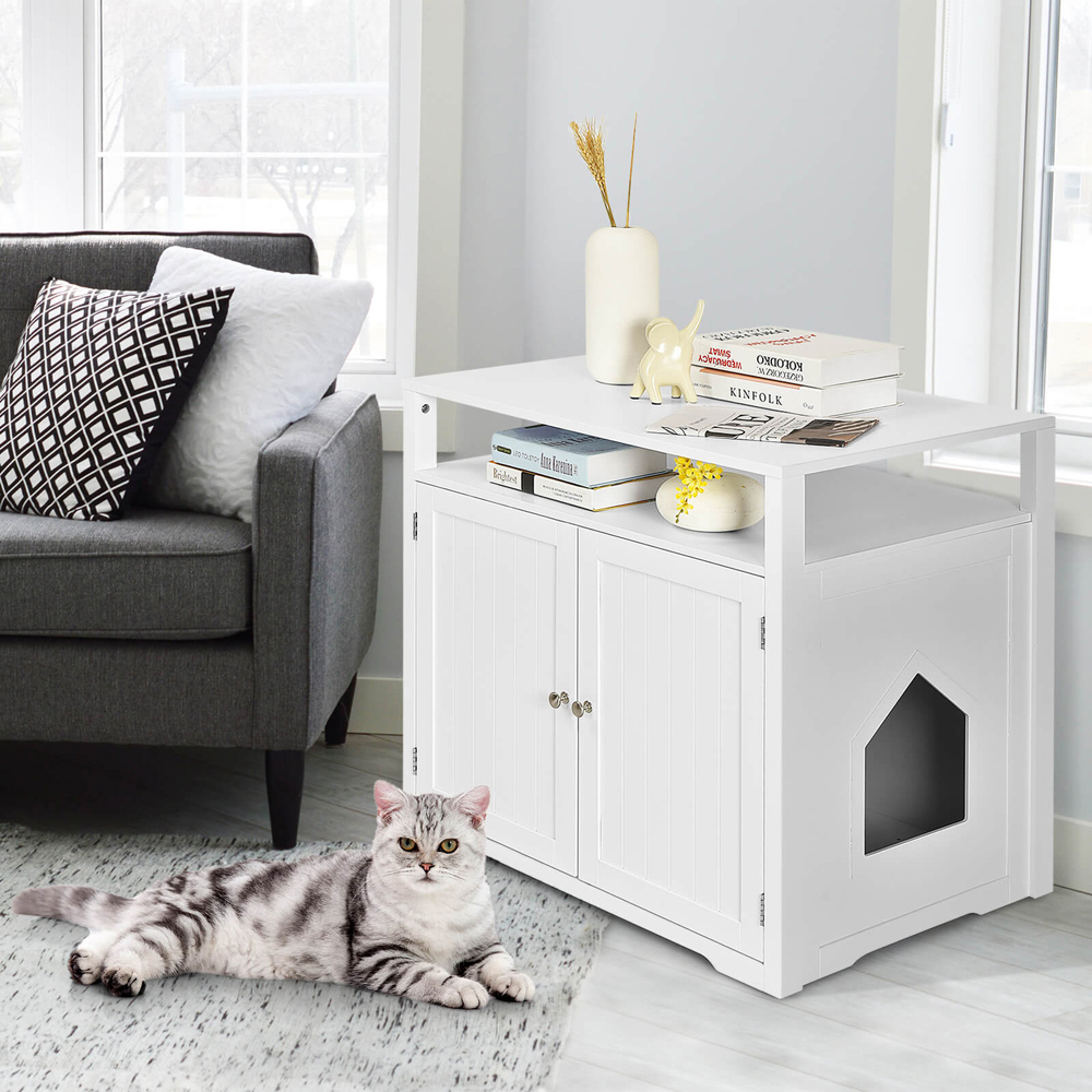 Costway White Cat Litter Box Enclosure with Adjustable and Removable Divider Image 5