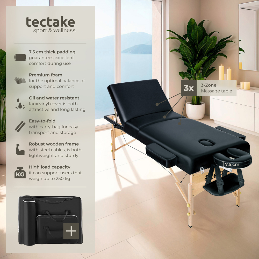tectake Black 3 Zone Portable Adjustable Massage Table with Headrest Armrests and Carry Bag Image 6