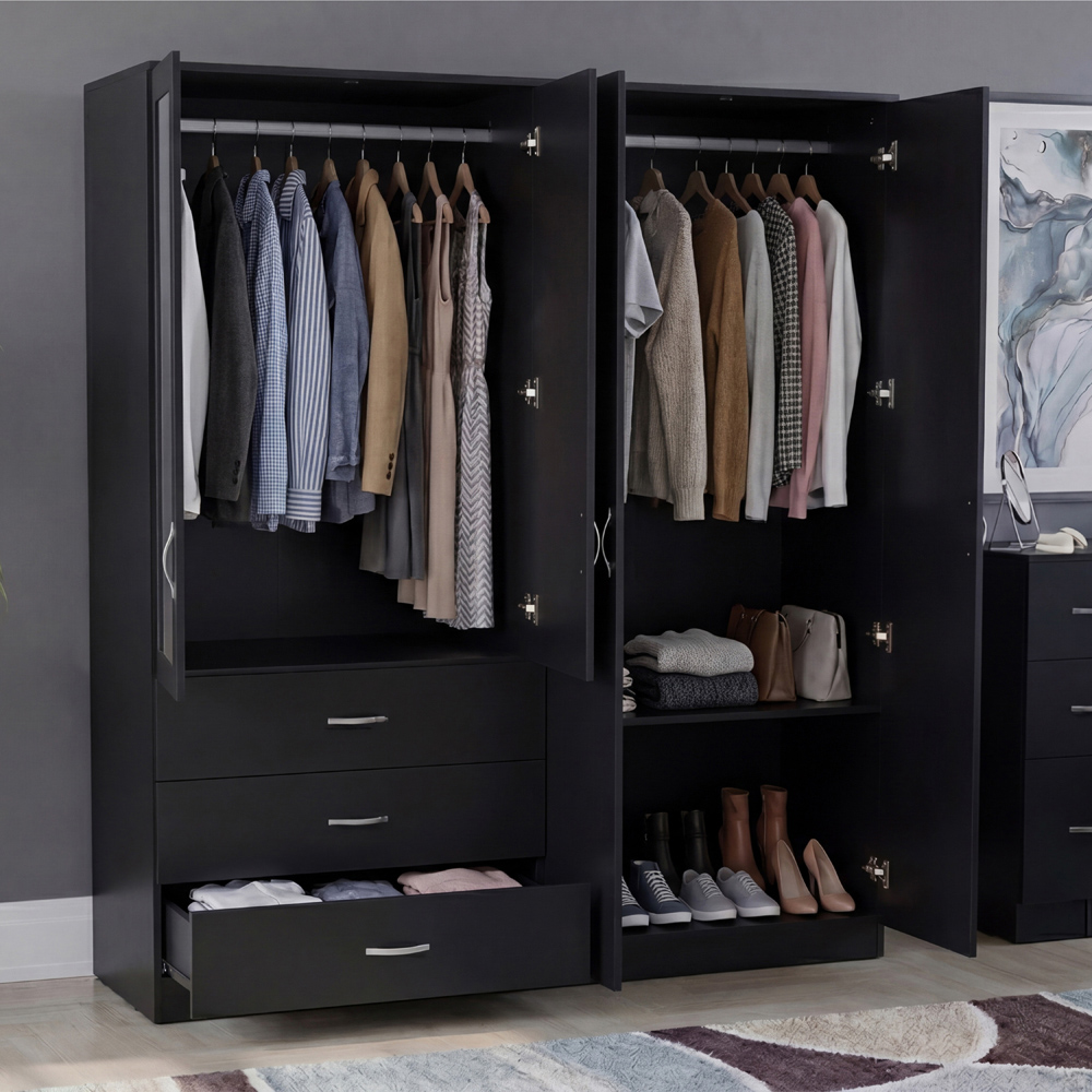 VIDA DESIGNS Riano 4 Door 3 Drawer Black Mirrored Wardrobe Image 4