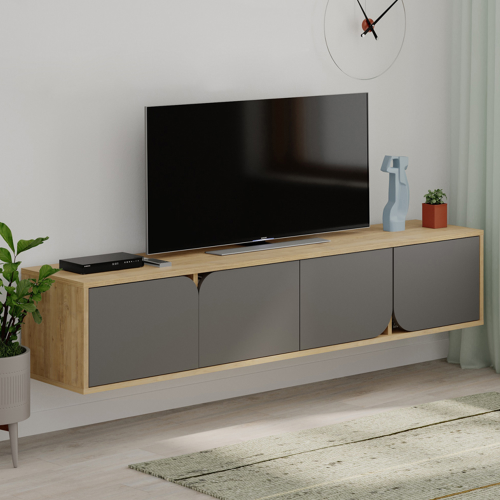 Decortie Spark 4 Door Oak Anthracite Grey Modern TV Unit Image 1
