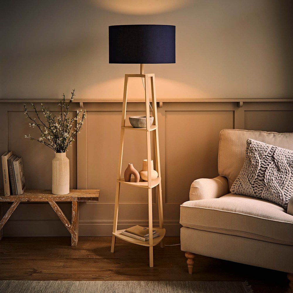 ValueLights Hiru Navy Drum Shade Cream 3-Tier Shelf Floor Lamp with Bulb Image 2