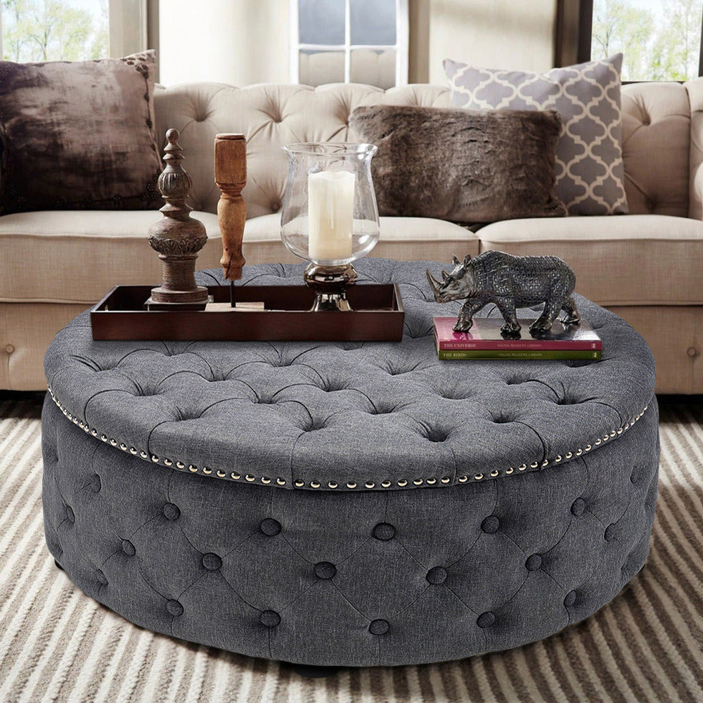 Living and Home Dark Grey Linen Round Buttoned Ottoman with Studded Edge Image 3