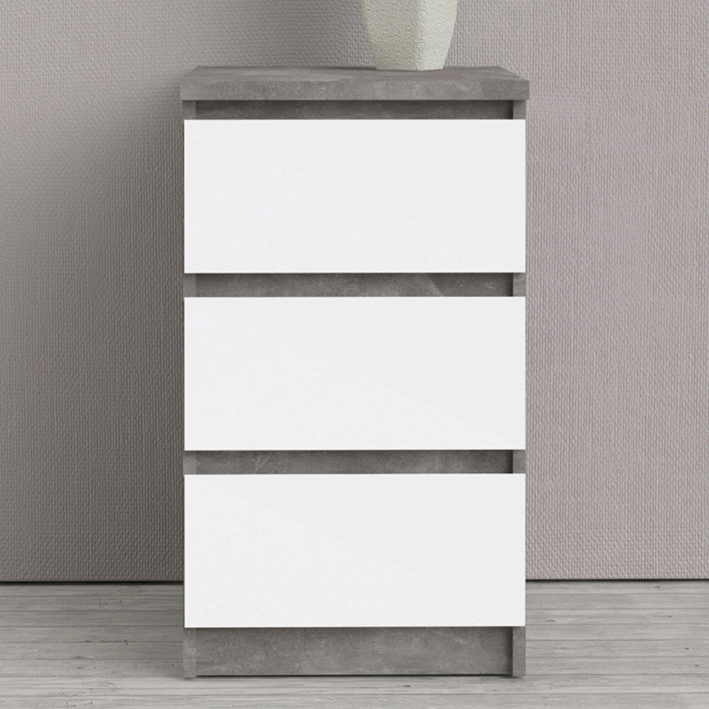 Florence 3 Drawer Concrete and White High Gloss Bedside Table Image 1