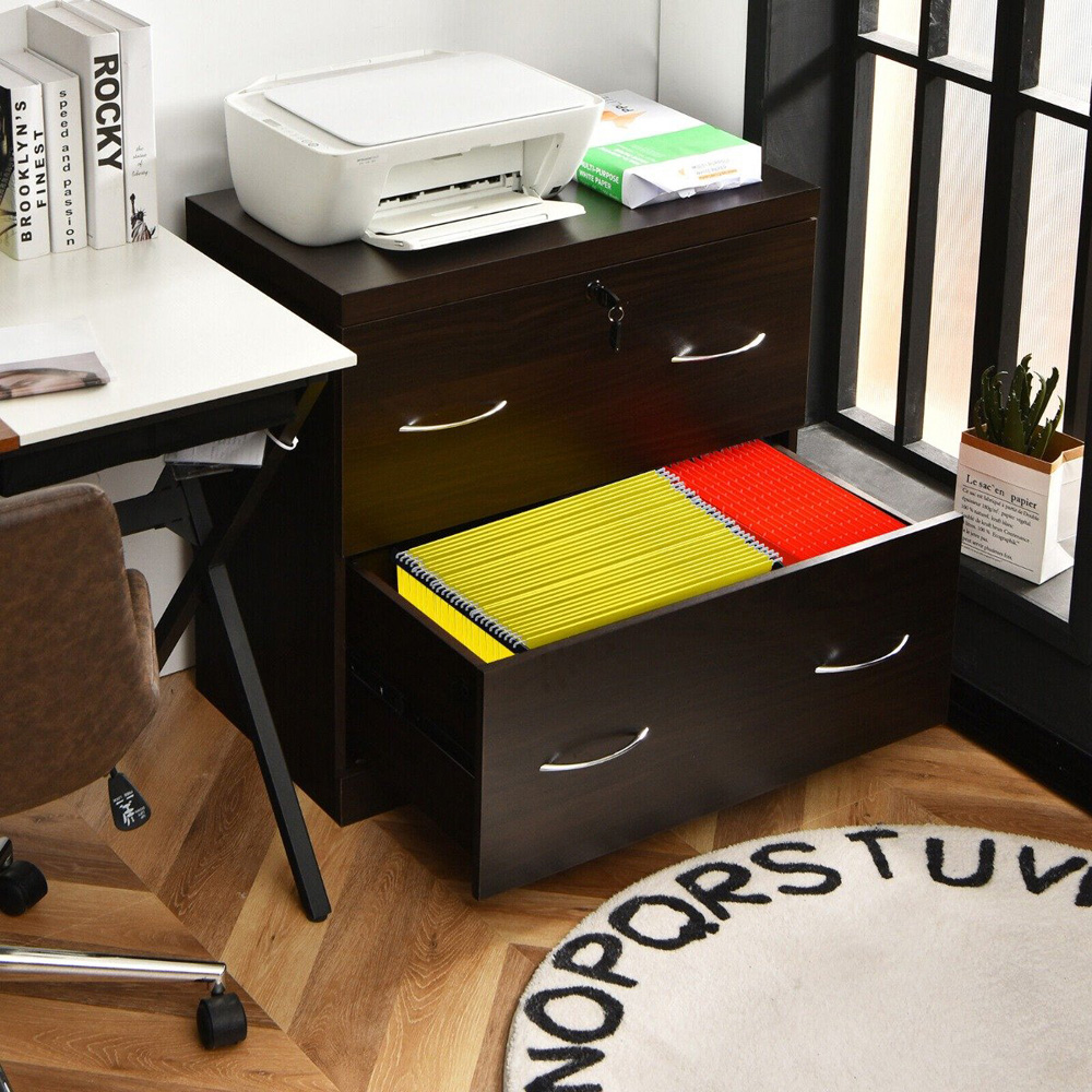 Costway 2 Drawer Coffee Lockable File Cabinets with Hanging Bar Image 4