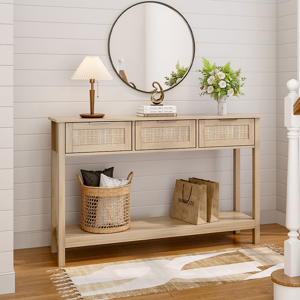 Living and Home 3 Drawer Rattan Rustic Wood Side Table Image 3