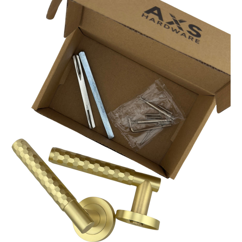 AXS Hardware Montana Satin Brass Knurled Bathroom Door Handles on Rose 4 Pack Image 7